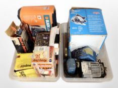 Two crates of assorted power tools, Black and Decker jigsaw, circular saw,