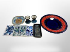 A group of Danish studio pottery wares, fruit bowl, pair of candelsticks, shallow dishes,