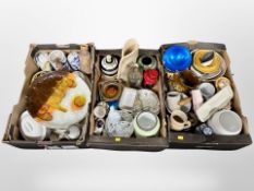 Three boxes of 20th century Scandinavian ceramics, vases, Steins, fruit bowls,