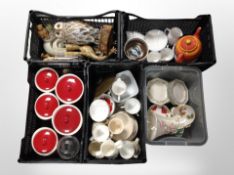 Five crates of sundries including House of Fraser kitchen jars, ornaments, ship in bottle,