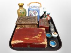 Two Japanese red lacquered export trinket boxes, Oriental cloisonne vases,