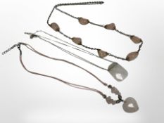 A long necklace with rose quartz tumbled stones,