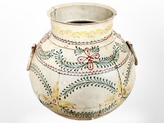 An early 20th century Indian hand painted metal bulbous vessel with ring handles,