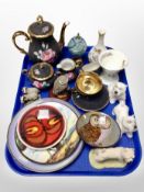 A Bavarian gilt porcelain tea for two, two Wedgwood vases, other ornaments,