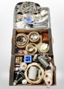 Three crates of assorted ceramics, meat plate, Staffordshire dog, contemporary jewellery box,