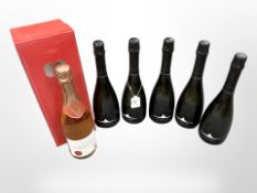 Five bottles of Il Colmo Prosecco together with a boxed bottle of Wine Society Saumur rose brut.