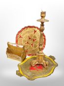 A gilt plaster lamp base together with two trays and a small correspondence rack