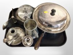 A collection of plated wares, large wooden-handled lidded vegetable dish, chamber stick,