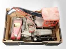 A box of Tri-ang tin plate model crane, model cars,