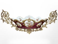 A Continental porcelain and gilt metal twin handled table centre piece,