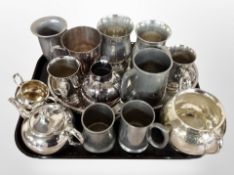 A silver plated gallery tray, tea service,