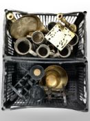 Two crates of antique metal wares, set of scales, pewter tankards, brass trivet,