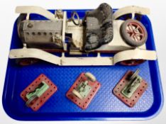 A Mamod live steam automobile together with three Mamod components