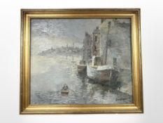 Edward Reginald Kirkness (1900-1979) Industrial riverscape with figure in a rowing boat,