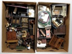 Two boxes of doll's house furniture, Persian rugs, beds, Windsor chairs,