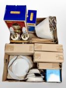 Two boxes of lamp base, vintage tennis racket, gilt framed prints,