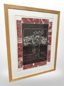 Gay Christensen : Abstract still life, wood cut limited edition, 1/17, signed in pencil,