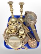A group of metal wares, brass dagger, coaching lamp, pair of candlesticks,