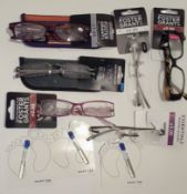 A collection of Foster Grant glasses, His and Hers Ten Perfume and Cologne.