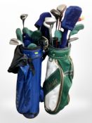 Two golf bags containing assorted irons and drivers, Donnay,