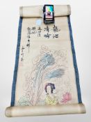 Holographic tarot cards, yellow citrine crystal, and Chinese scroll.