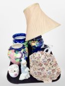 A Maling lustre lamp base, together with two vases, shallow dish, a Lladro figure,