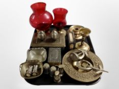 A group of Scandinavian brass wares, two pewter match vestas, a pair of sifters, glassware, etc.