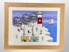 Gordon Barker : Figures by a coat with lighthouse, acrylic, 34 cm x 24 cm, framed.