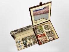 Two small jewellery boxes containing costume jewellery, faux pearls, dress rings, etc.