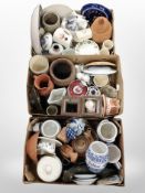 Three boxes containing Danish ceramics, Delft china, kitchen storage jars, plates, etc.