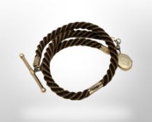 An antique hair Albert chain with gold T-bar, dog-catch and fittings.