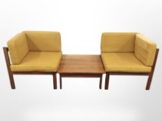 A 1970's Danish teak framed three piece conversation settee,