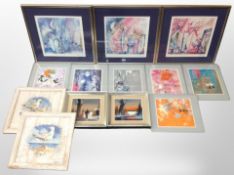 A wicker basket containing continental pictures and prints,