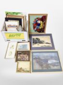 A box of pictures and prints, still life oil painting, watercolours, etc.