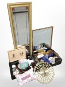 Two boxes of household sundries : ceramics, ornaments, Quartz wall clock,