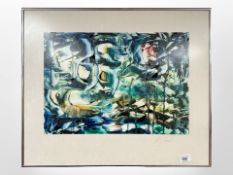 A continental abstract colour print, indistinctly signed, 46cm x 32cm.