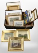 A box of continental pictures and prints, oil on canvas landscapes,