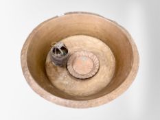 An antique copper bowl, diameter 54cm, together with a small copper plate,