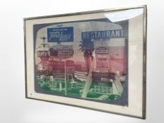 A contemporary print depicting signs of Las Vegas, 71cm x 51cm.