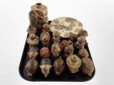 A group of Danish studio pottery sifters, vase, leaf-patterned pedestal dish, etc.