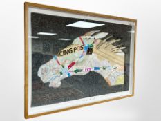 Peter Clark (born 1944); Top Turf, collage, signed, dated 2002, 59 cm x 82 cm.