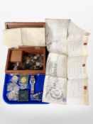 A wooden trinket box containing antique and later coins including Georgian cartwheel pennies,