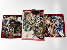 Three boxes of costume jewellery, including necklaces, bangles, etc.