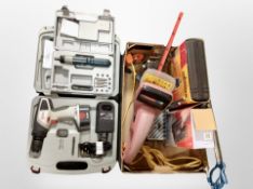 Two boxes of electric hedge trimmer, electric sander, hot air gun,