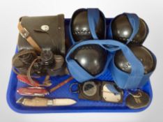 A pair of Tecnar 8 x 30 binoculars, folding knife with deer's hoof handle, compass,