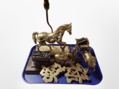 A brass horse lamp base, a brass figure of a horse and miner,