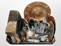 A box of assorted metal wares, copper charger, silver plated items,