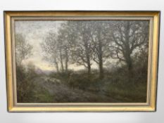 John Falconar Slater (1857-1937) : A shepherd with his dog herding a flock of sheep down a country