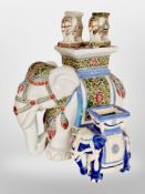 A ceramic elephant plant stand, a smaller example, and a further pair of bookends (4).