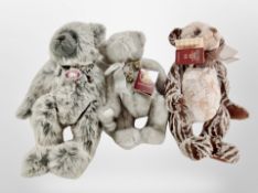 Three Charlie bears, Alan, Icicle, and Joey, with tags.